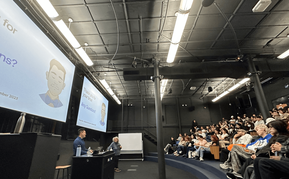 Speaking to a full auditorium at an SVA lecture