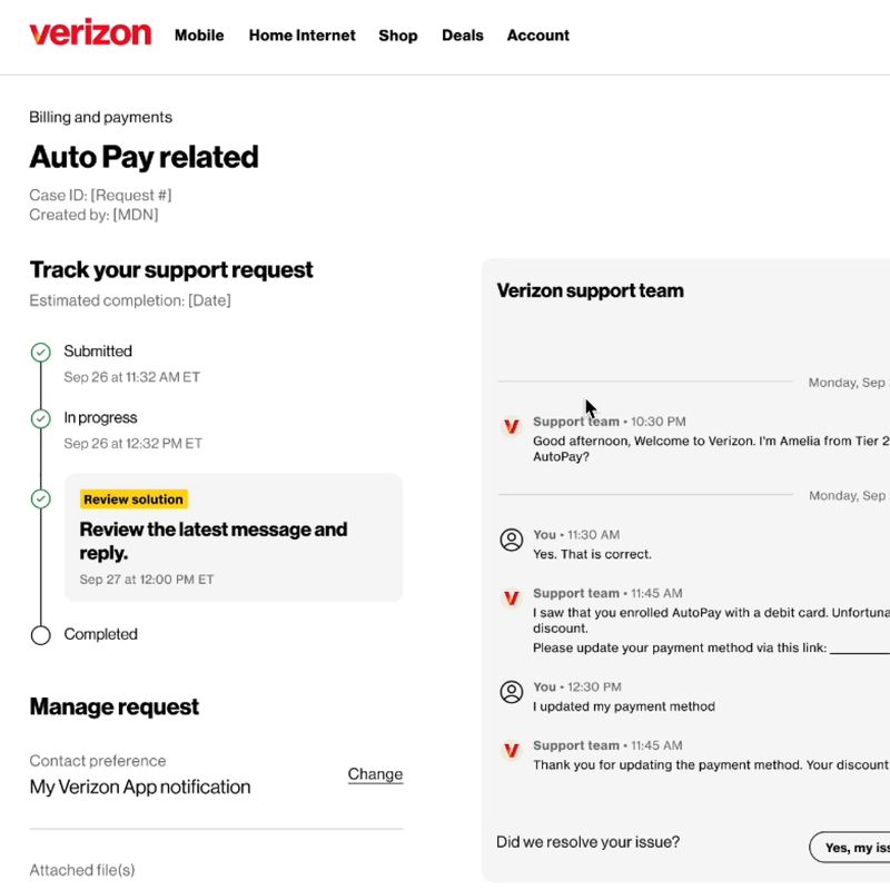 A support request on desktop: its progress tracker beside the conversation with the support team