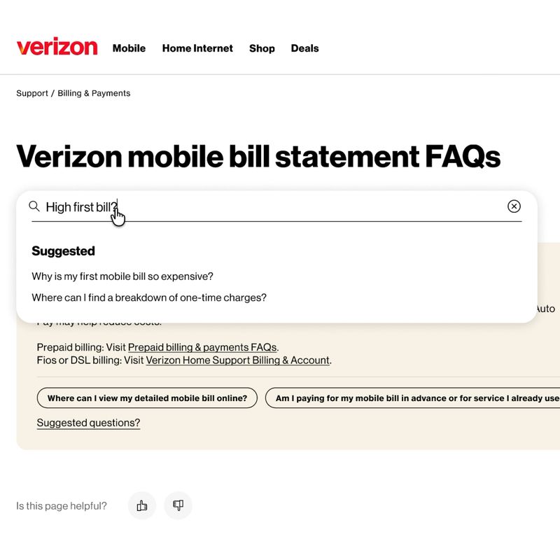 The bill statement FAQ page, with a question typed into search and suggested questions under it